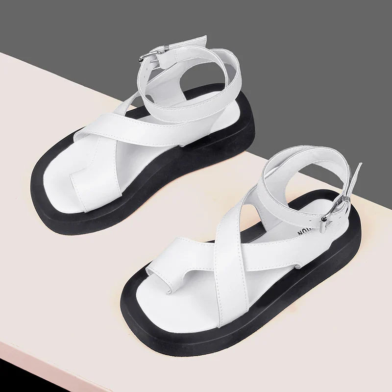 Genuine leather women's summer sandals with clip toe design, Roman style, by LadyShow.Store, featuring muffin-style sole.