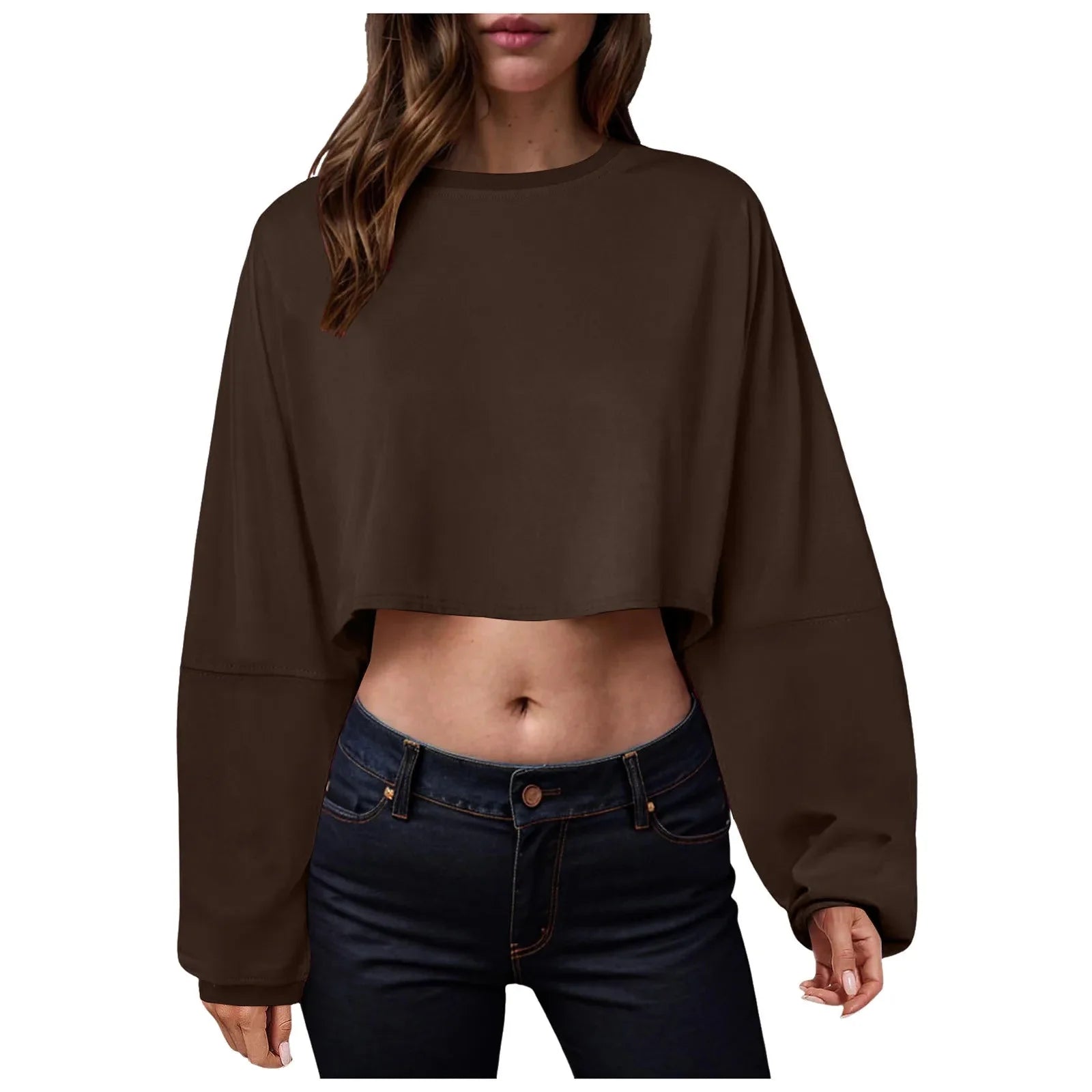 Women’s long sleeve loose-fit crop top in casualwear style, from Plush Fashion Hub, shown in a relaxed fit with a comfortable design.