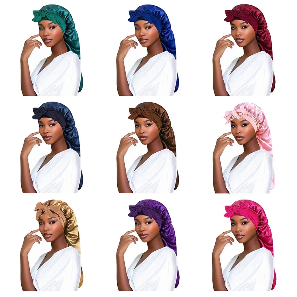 Women’s satin sleeping bonnet with long tail braids, plush fabric, ideal for night sleep, hair protection, and bathing.