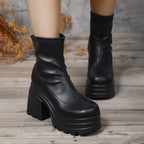 Women’s black leather short boots with square toes, zipper closure, high heels, and thick soles, stylish casual footwear by LadyShow.