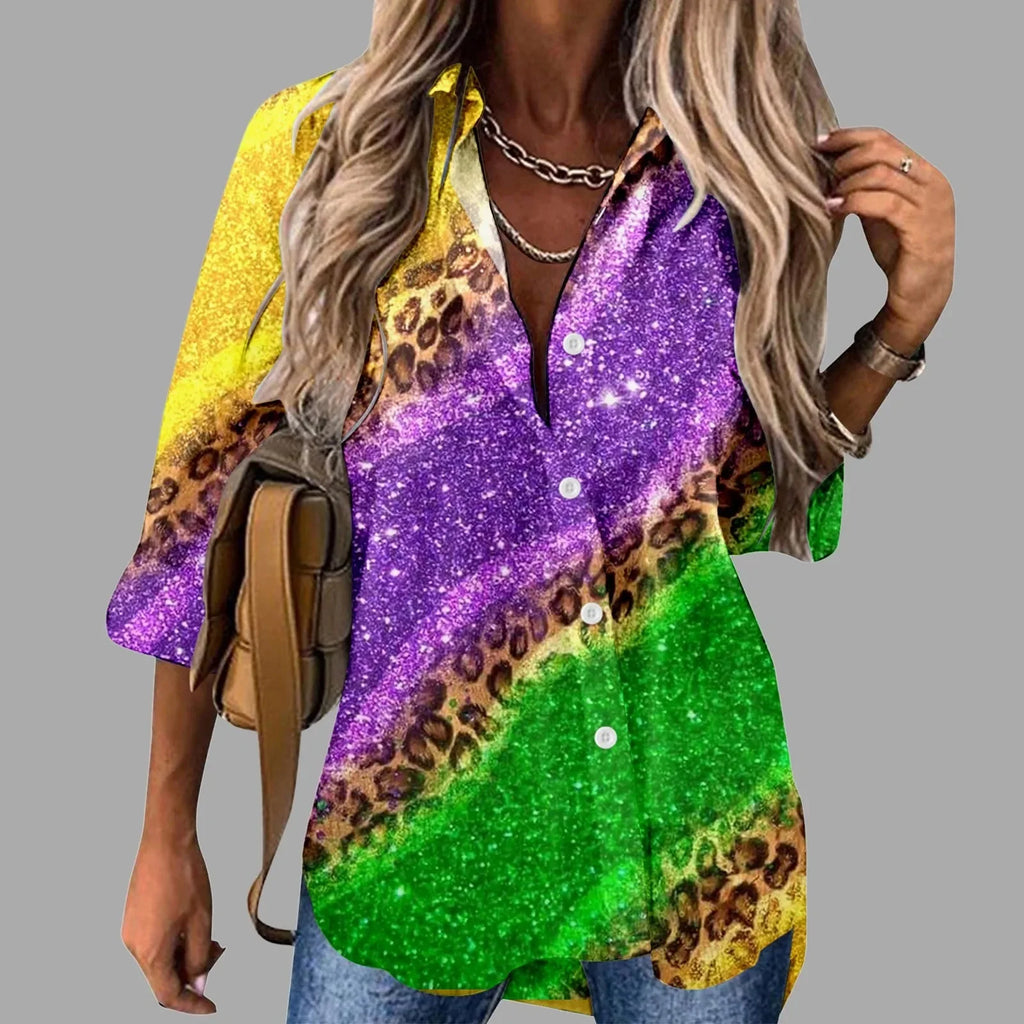 Mardi Gras women's V-neck long sleeve carnival print shirt by FitiqueFit, featuring colorful festive patterns and casual style.