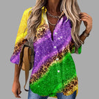 Mardi Gras women's V-neck long sleeve carnival print shirt by FitiqueFit, featuring colorful festive patterns and casual style.