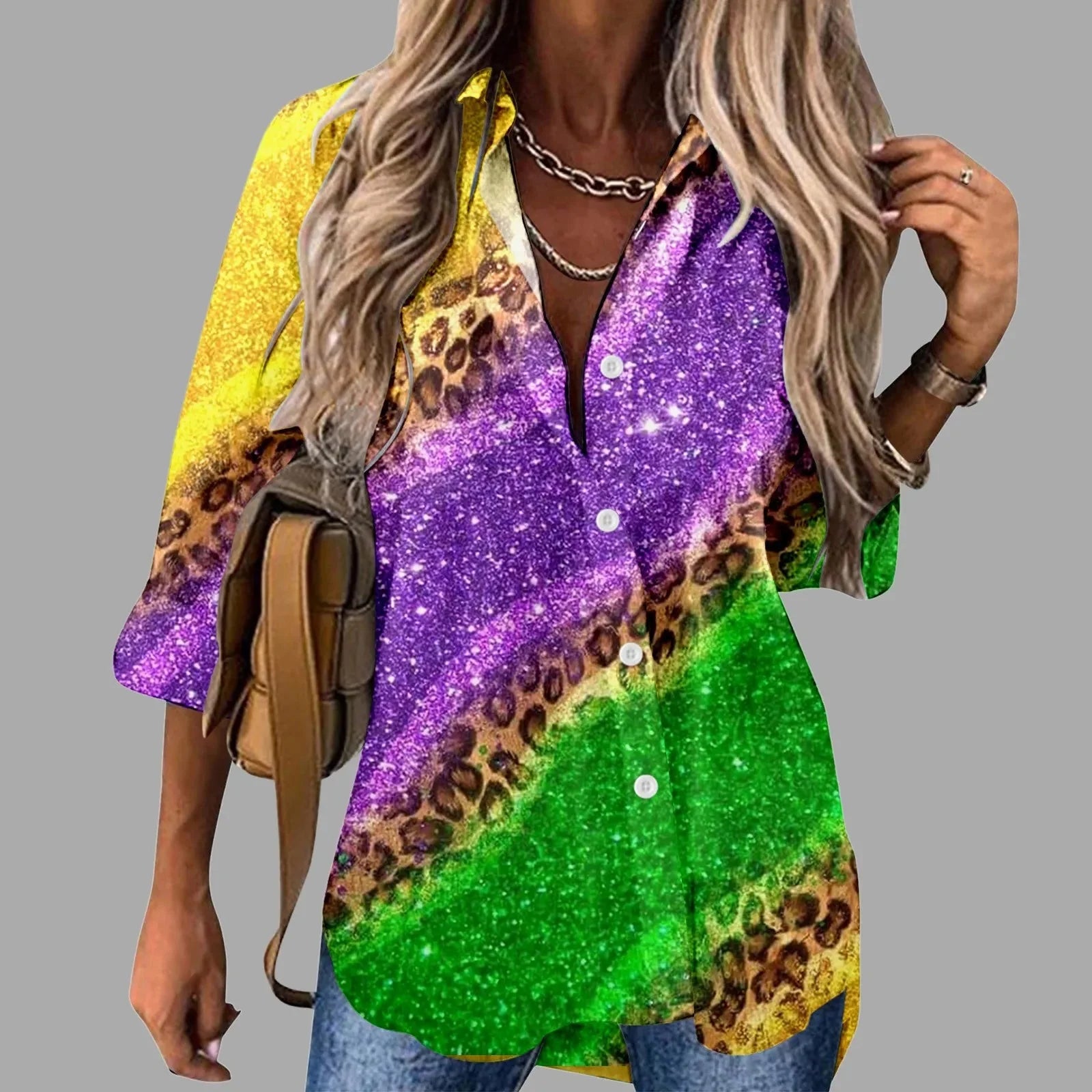 Mardi Gras women's V-neck long sleeve carnival print shirt by FitiqueFit, featuring colorful festive patterns and casual style.
