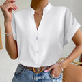 Pink satin V-neck short sleeve shirt for women by Plush Fashion Hub, casualwear with elegant, relaxed style.