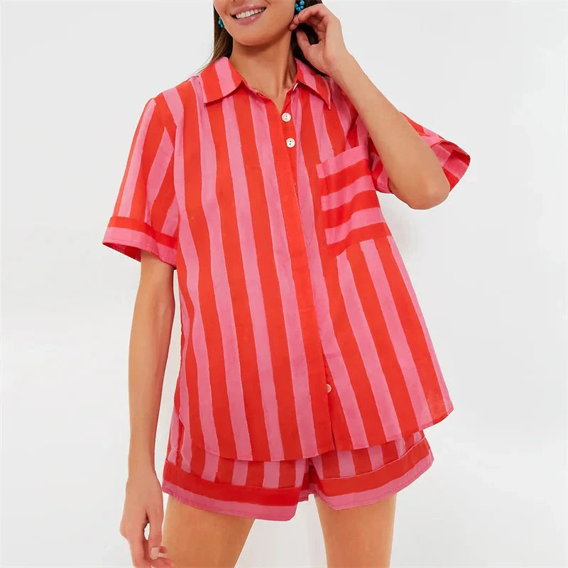 Plaid striped Lamuusaa 2-piece summer casualwear set by Plush Fashion Hub, featuring a relaxed top and matching shorts.