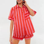 Plaid striped Lamuusaa 2-piece summer casualwear set by Plush Fashion Hub, featuring a relaxed top and matching shorts.