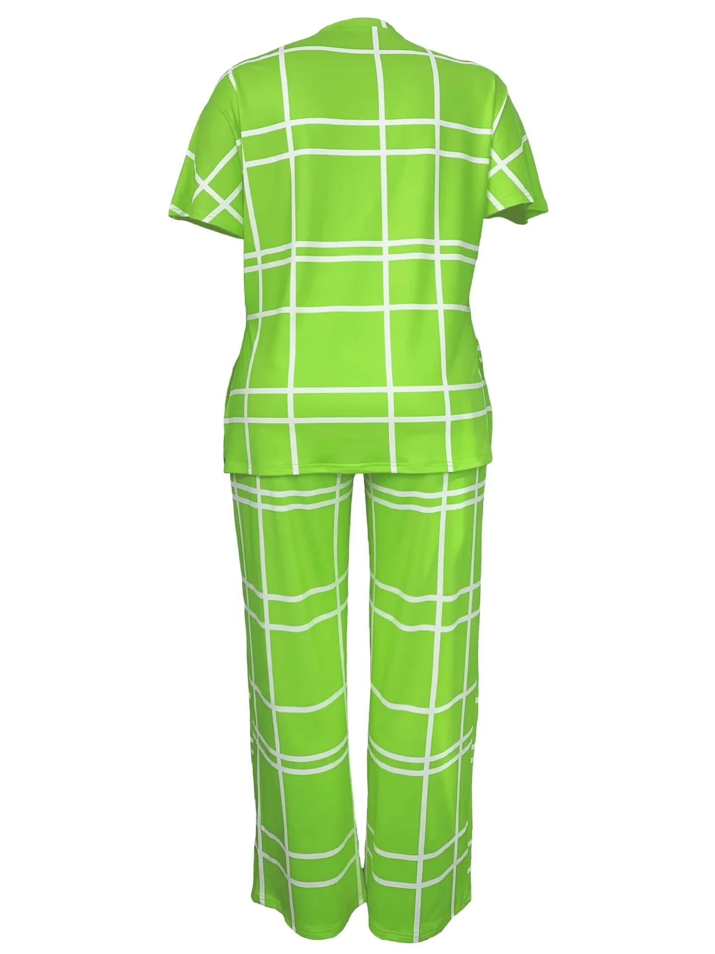 Plus size women's casual two-piece set with striped grid print and round neck from Plush Fashion Hub, featuring a comfortable fit.