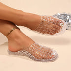 LadyShow.Store summer women's jelly sandals with hollow design, crystal accents, breathable slip-on beach slippers, flat bottom shoes