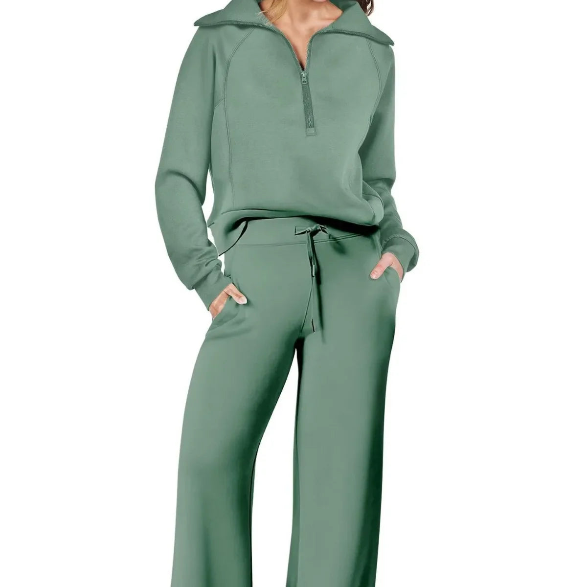 Women’s two-piece sweatshirt and wide-leg pants set by Plush Fashion Hub, featuring a cozy sweatshirt and flowy pants.