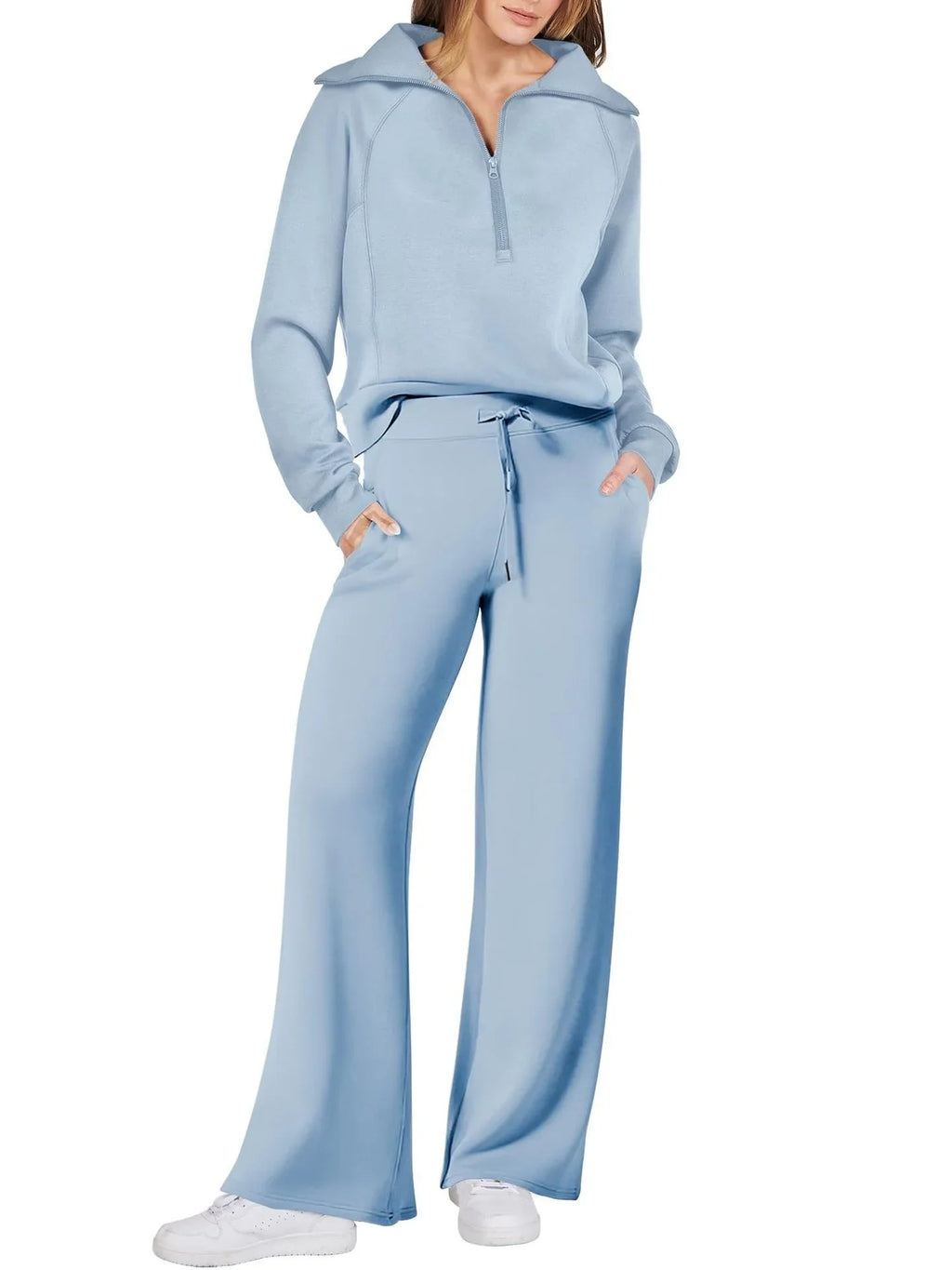 Women’s two-piece sweatshirt and wide-leg pants set by Plush Fashion Hub, featuring a comfortable, stylish casual outfit.