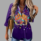 Mardi Gras women's V-neck long sleeve carnival print shirt by FitiqueFit, featuring vibrant festive Mardi Gras themed design.