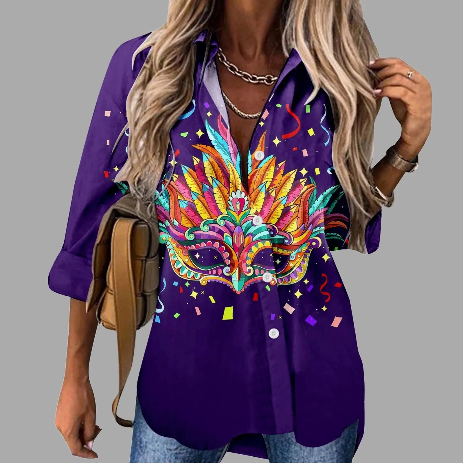 Mardi Gras women's V-neck long sleeve carnival print shirt by FitiqueFit, featuring vibrant festive Mardi Gras themed design.