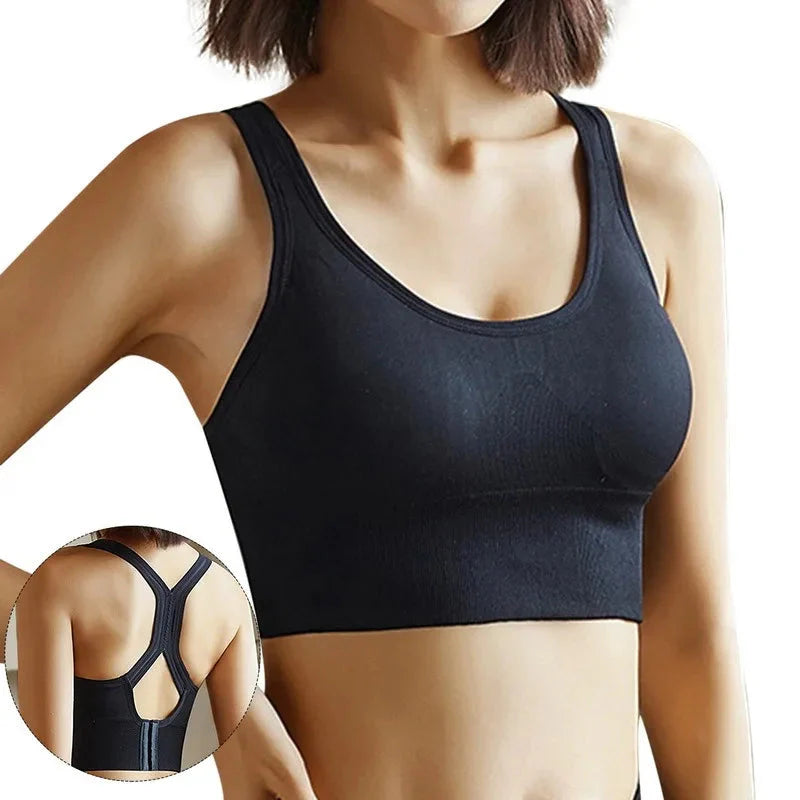 Black women's hollow push-up sports bra tank top from Plush Fashion Hub, featuring supportive activewear with a stylish hollow design.
