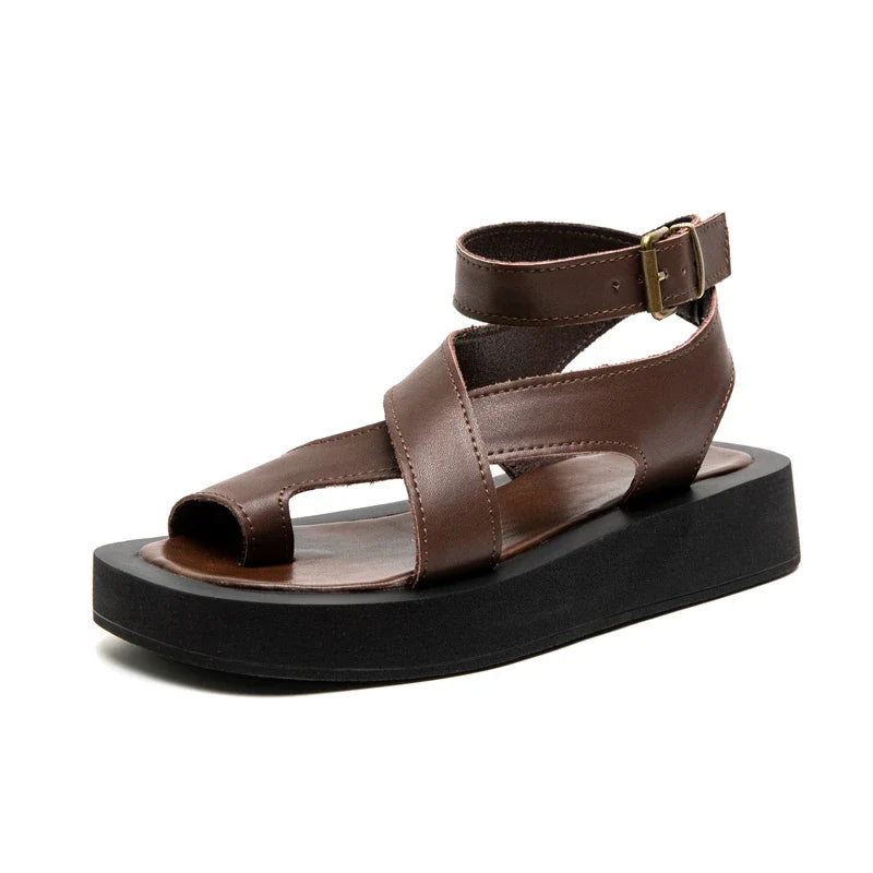 AIYUQI women's genuine leather summer clip toe sandals with Roman style and muffin design, featuring comfortable open-toe shoes.