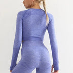 Seamless women's yoga crop top in activewear style, plush fabric, fitted design, and neutral color from Plush Fashion Hub.
