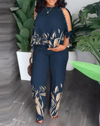 Plus size women's two-piece short sleeve outfit by Plush Fashion Hub, featuring a stylish and comfortable fashion set.