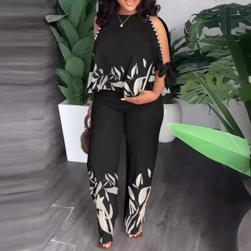Plus size women's short sleeve two-piece fashion outfit set by Plush Fashion Hub, featuring stylish matching top and bottom.