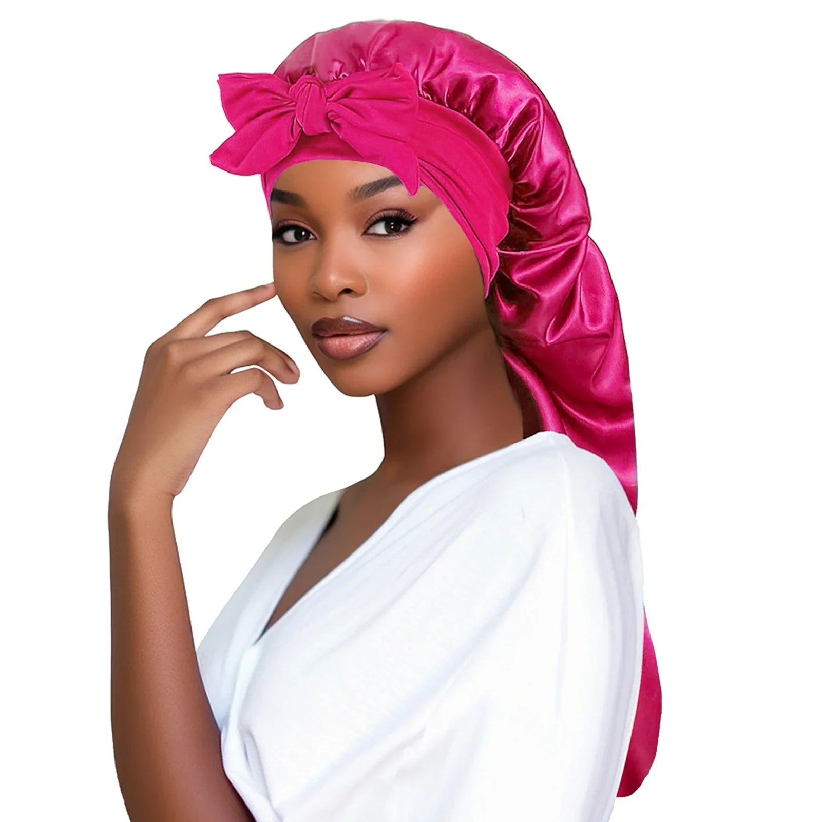 Women’s satin sleeping bonnet with long tail braid cover, plush fabric, and adjustable head strap for comfortable night sleep.