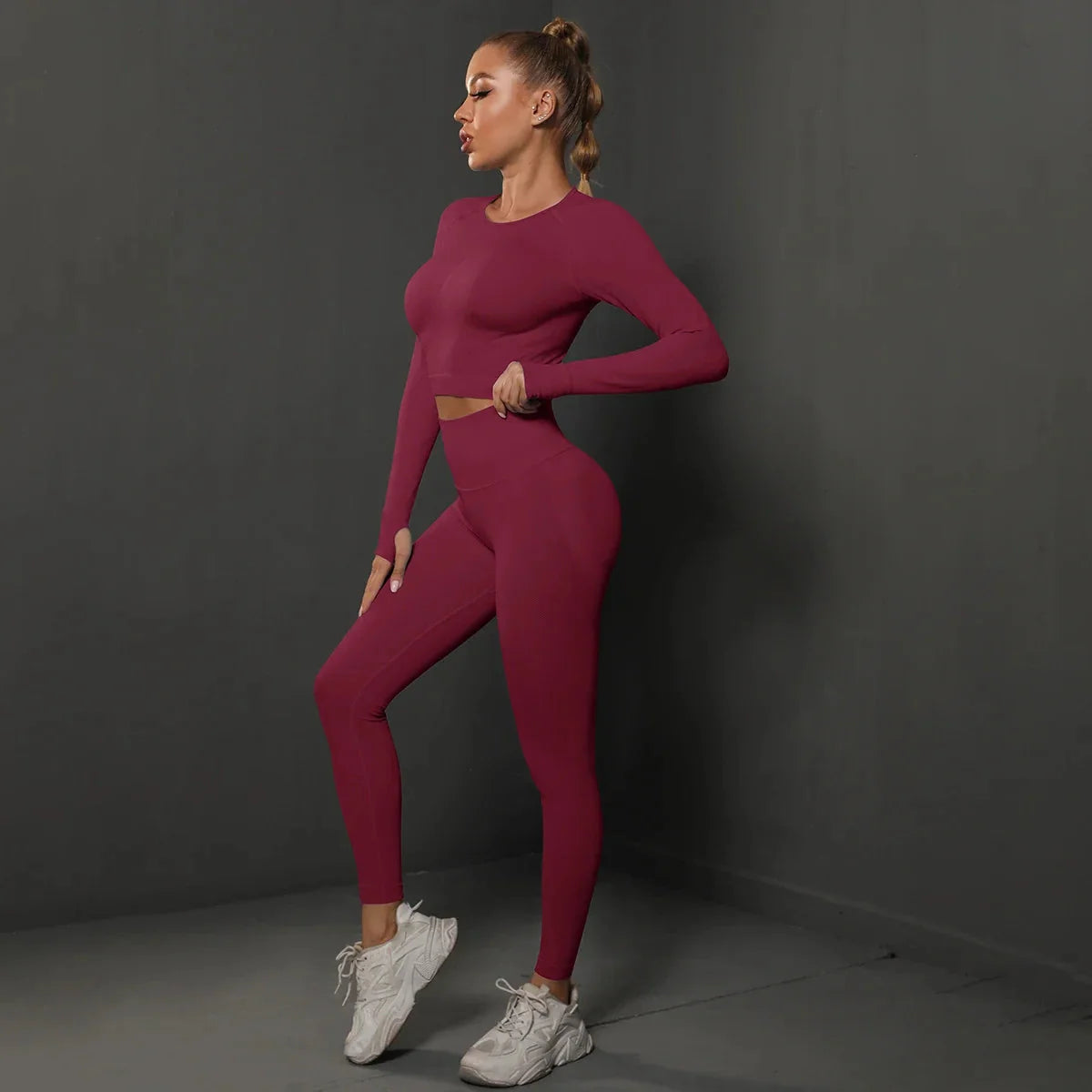 Women’s seamless long sleeve yoga top by Plush Fashion Hub, lightweight activewear with a fitted, comfortable design.