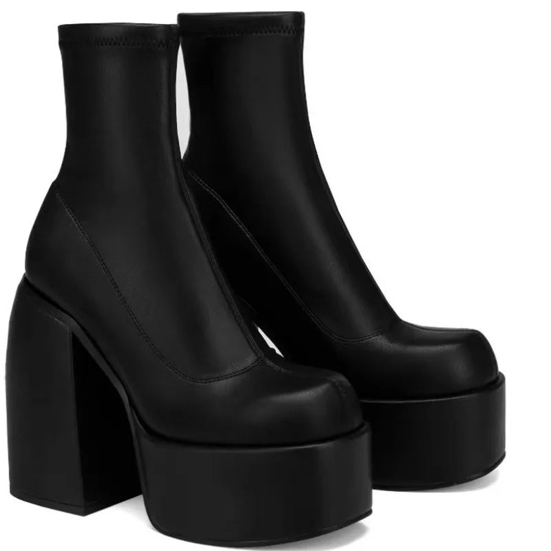 Women’s square toe leather short boots with high heels, zipper detail, and thick sole, from Plush Fashion Hub.