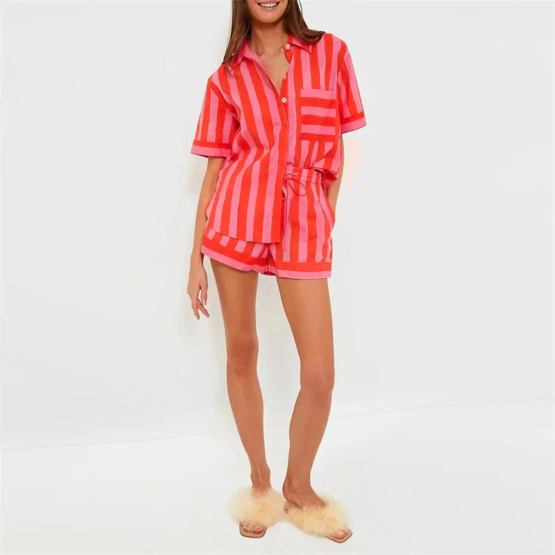 Striped Lamuusaa 2-piece summer casualwear set by Plush Fashion Hub, featuring retro 2000s streetwear style in vibrant colors.