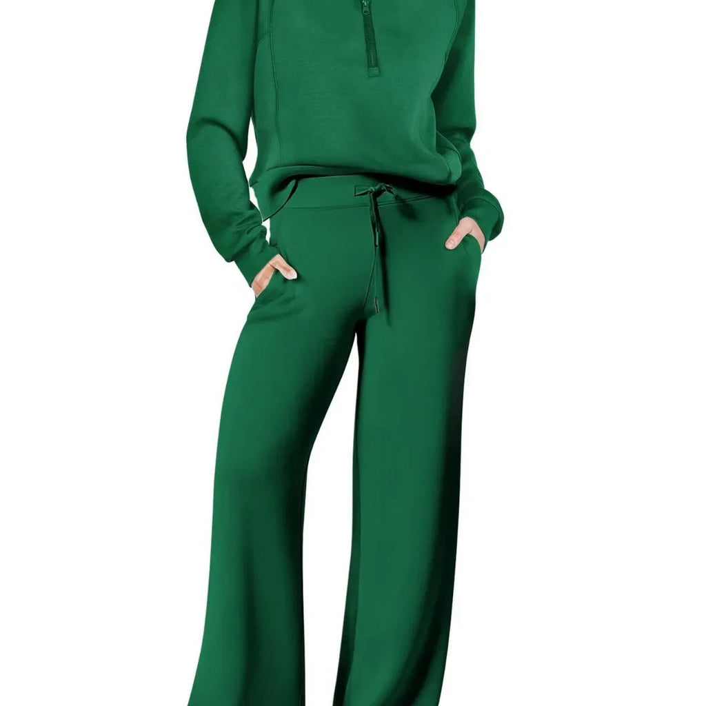 Women two-piece sweatshirt and wide-leg pants set from Plush Fashion Hub, casual loungewear with comfortable fit.