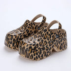 Leopard thick bottom clogs for women with closed toe, chunky platform heel, super high wedge, summer 2023, LadyShow.Store