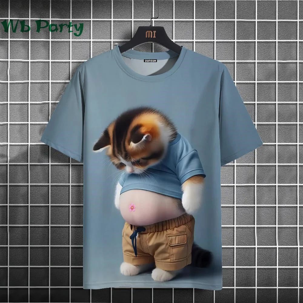 Y2K cat print graphic T-shirt from Plush Fashion Hub, streetwear style with vibrant feline design on soft fabric.