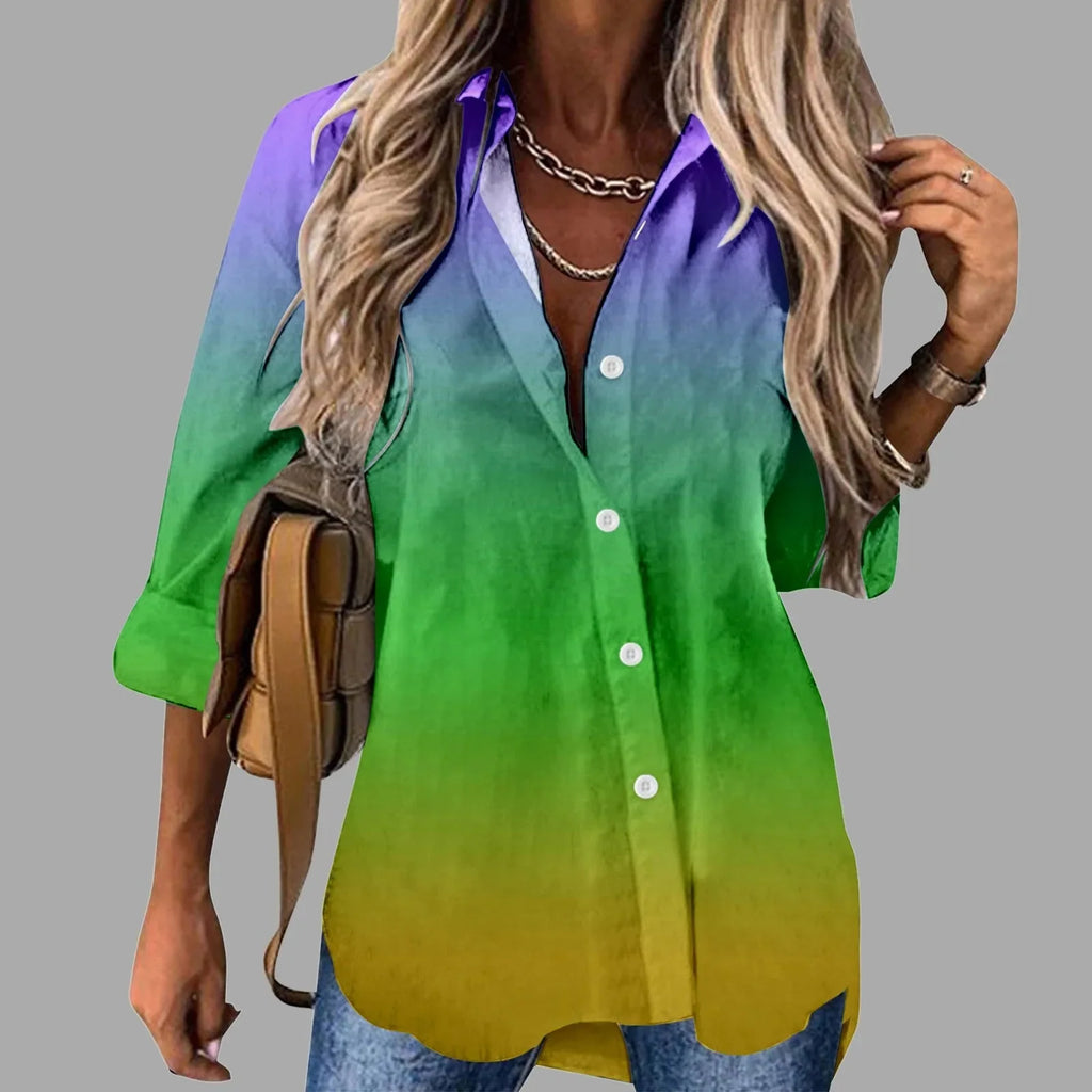 Mardi Gras women's V-neck long sleeve carnival print shirt by FitiqueFit, featuring colorful festive Mardi Gras designs.