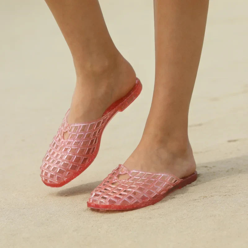 Plush Fashion Hub summer ladies flat bottom hollow jelly sandals with crystal accents, breathable slip-on beach slippers.