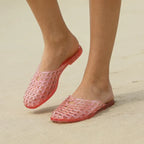 Plush Fashion Hub summer ladies flat bottom hollow jelly sandals with crystal accents, breathable slip-on beach slippers.