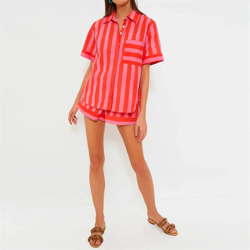 Lamuusaa 2-piece striped summer casualwear set by Plush Fashion Hub, featuring a trendy 2000s streetwear style with bold stripes.