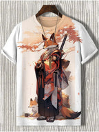 Streetwear men's Samurai Cat graphic T-shirt with Japanese style 3D print by FitiqueFit, featuring bold samurai cat artwork.