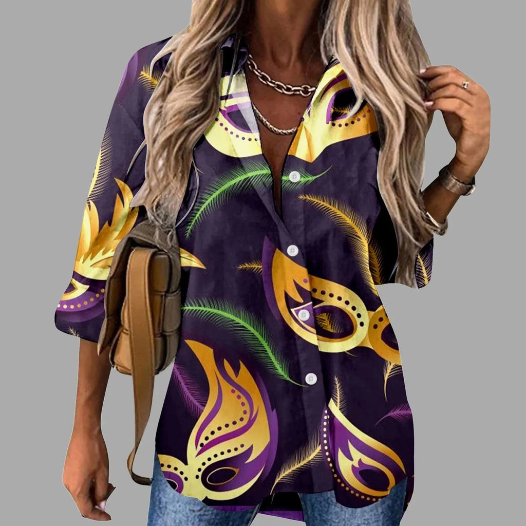 Mardi Gras women's V-neck long sleeve carnival print shirt by FitiqueFit, featuring festive colorful Mardi Gras designs.