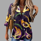 Mardi Gras women's V-neck long sleeve carnival print shirt by FitiqueFit, featuring festive colorful Mardi Gras designs.