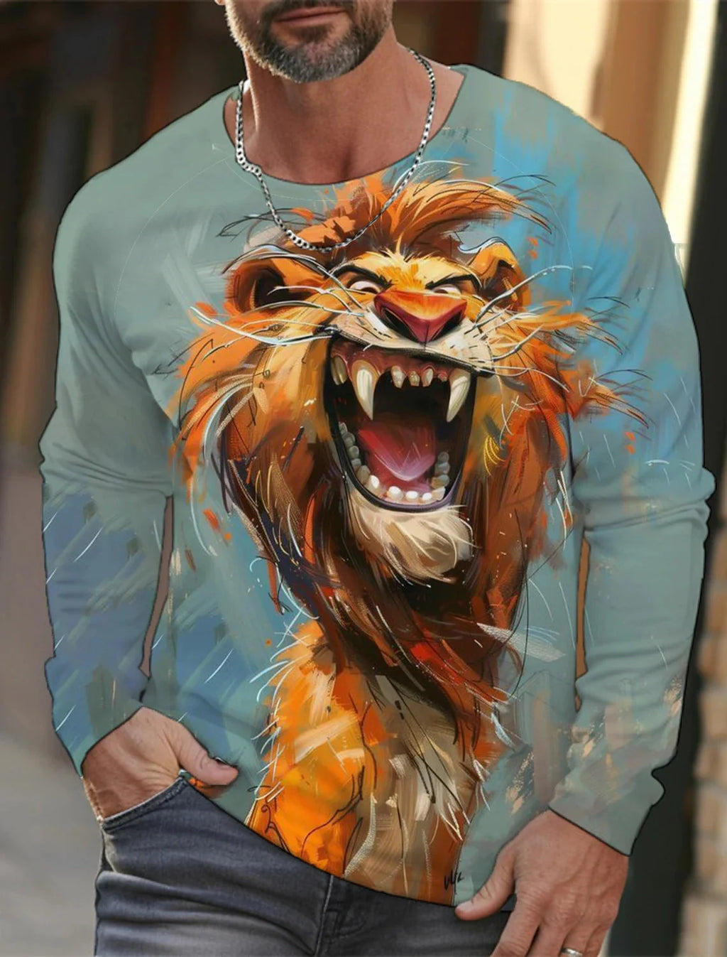 Black long sleeve T-shirt with colorful 3D tiger animal print from FitiqueFit's Harajuku streetwear collection.