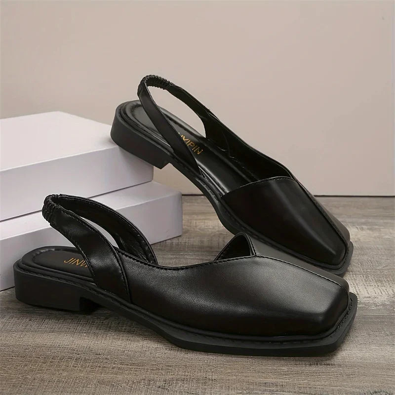 Leather toe cap sandals for women featuring square toes, flat soles, retro style, slip-resistant beach footwear from LadyShow.Store.