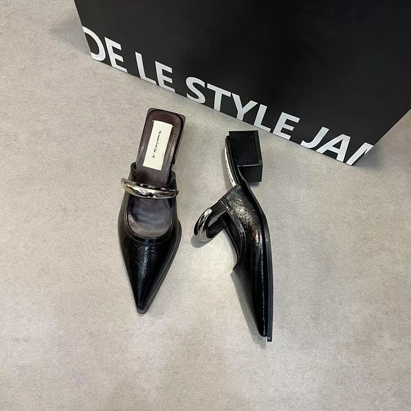 Summer women's slip-on mules with metal decoration, thick heels, and street style design, featuring comfortable slide footwear by LadyShow.