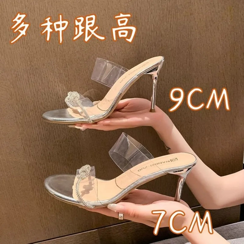 Women crystal gladiator sandals with ankle straps, high heels, hollow-out design, closed toe stilettos, stylish party shoes.
