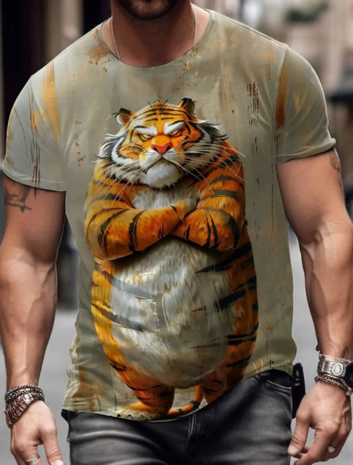 Bright 3D lion print funny T-shirt by FitiqueFit, featuring bold animal graphics for stylish summer streetwear.