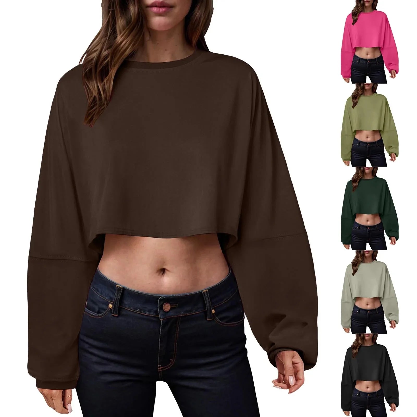 Women’s long sleeve loose-fit crop top from Plush Fashion Hub, casualwear with a relaxed fit and stylish design.