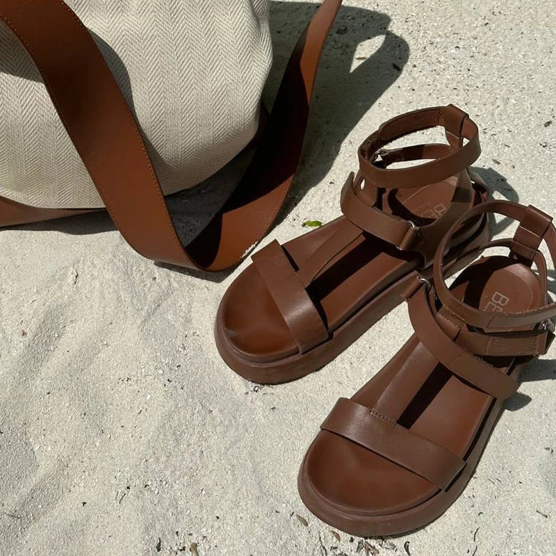 BeauToday women's summer gladiator sandals with calfskin leather, open toe, T-strap, hook & loop closure, handmade footwear