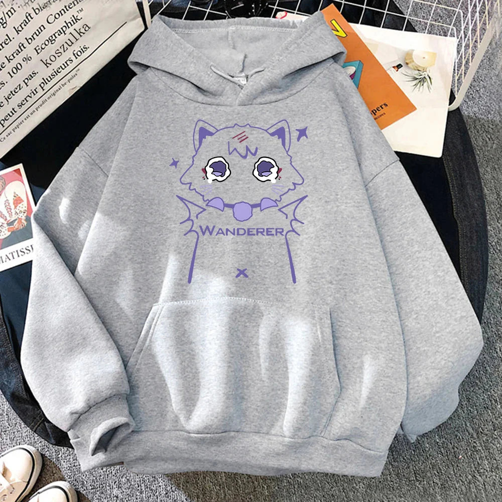 Genshin Impact Scaramouche cat hoodie in streetwear style, featuring a graphic of Scaramouche with cat design by FitiqueFit.
