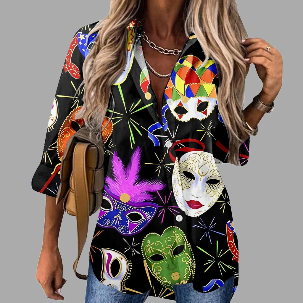 Mardi Gras women's V-neck long sleeve carnival print shirt by FitiqueFit, featuring colorful festive Mardi Gras designs.