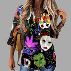 Mardi Gras women's V-neck long sleeve carnival print shirt by FitiqueFit, featuring colorful festive Mardi Gras designs.