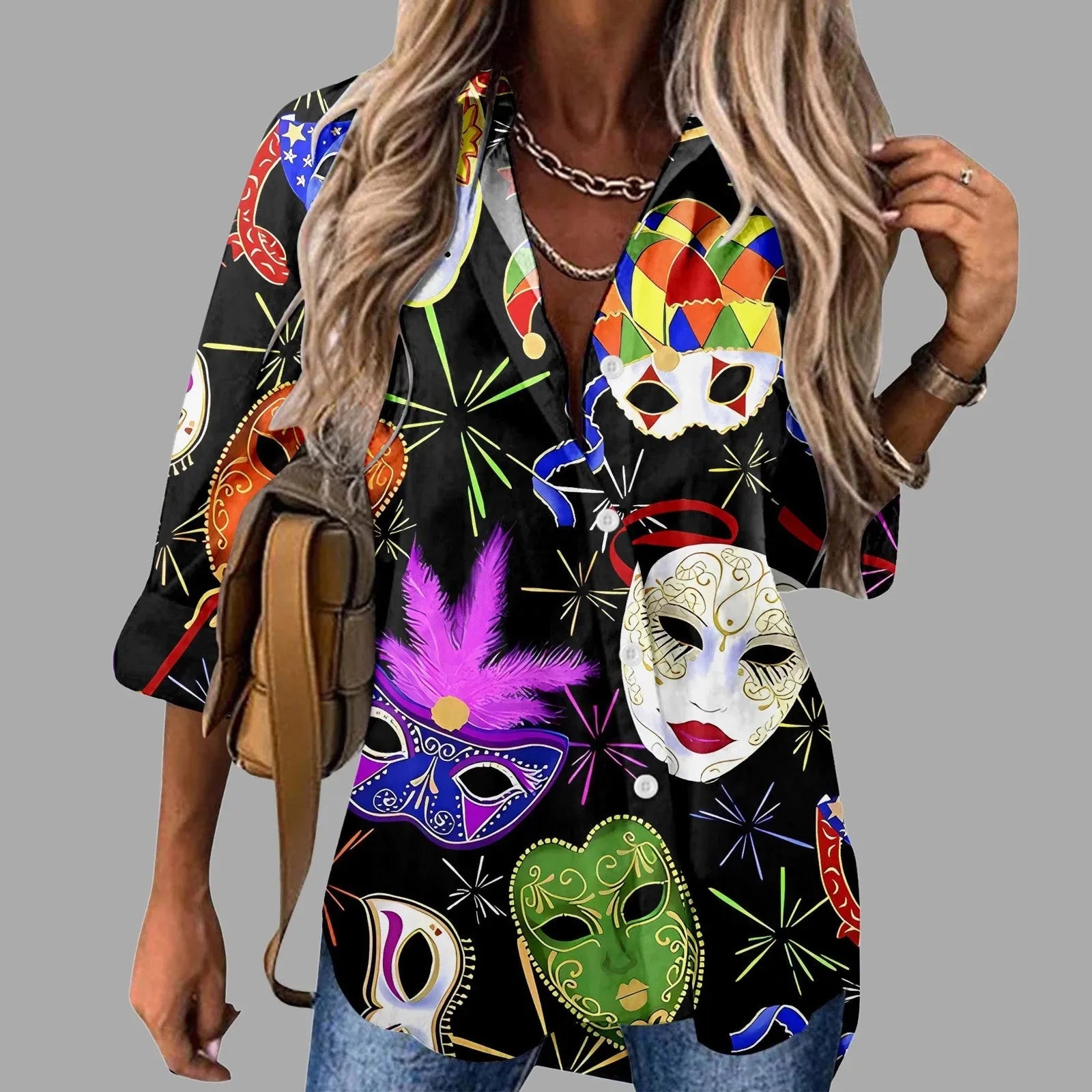Mardi Gras women's V-neck long sleeve carnival print shirt by FitiqueFit, featuring colorful festive Mardi Gras designs.