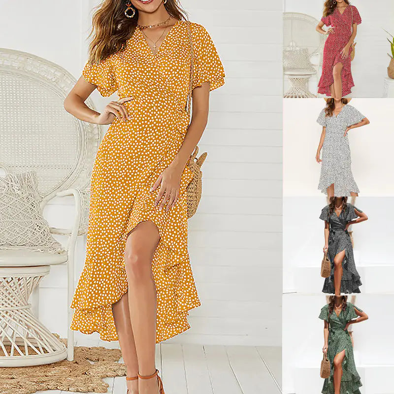 Women's summer floral high-waist V-neck chiffon dress in vibrant colors, styled with flowing fabric and sleeveless design.