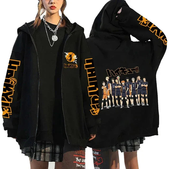 Unisex Haikyuu!! Karasuno High School zip-up hoodie by FitiqueFit featuring anime streetwear design and Karasuno team logo.