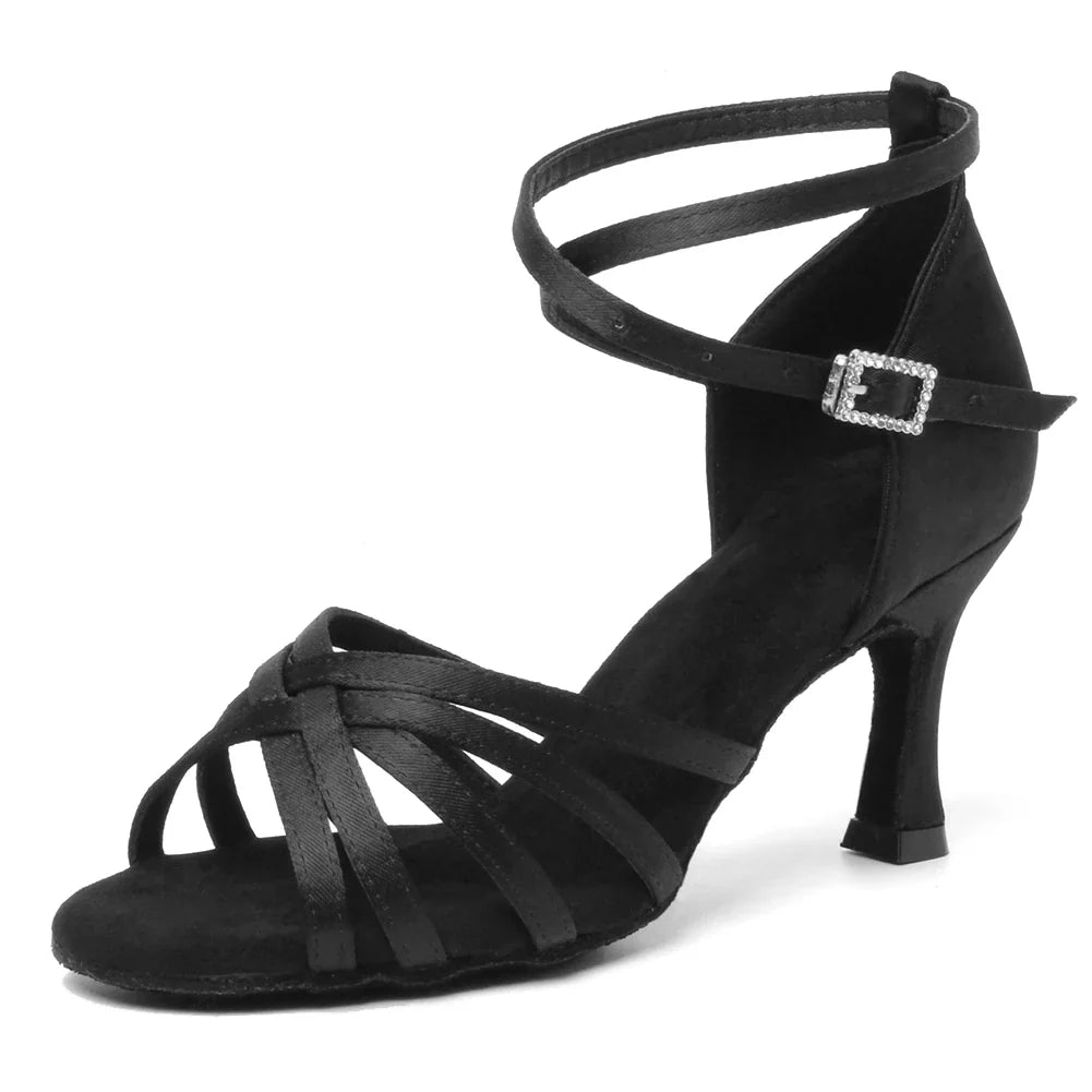 LadyShow women's Latin dance shoes with suede soles, Cuban heels, ideal for tango, ballroom, and party dancing.