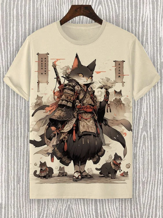 Samurai Cat graphic T-shirt by FitiqueFit featuring Japanese style 3D print, men's streetwear tee with bold design.
